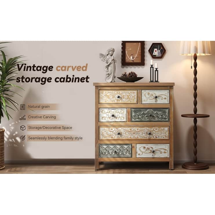 25.59" Vintage Wooden Multicolor Carved Storage 7 Drawers Dresser - Colorful - 7-drawer