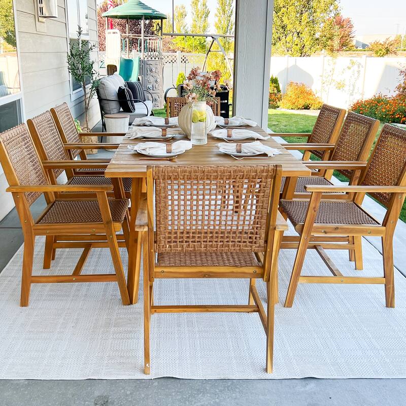 MAISON ARTS 5/7/9-Piece Acacia Wood Outdoor Dining Set, Teak Wooden Table & Dining Chairs with Wicker Seat and Back