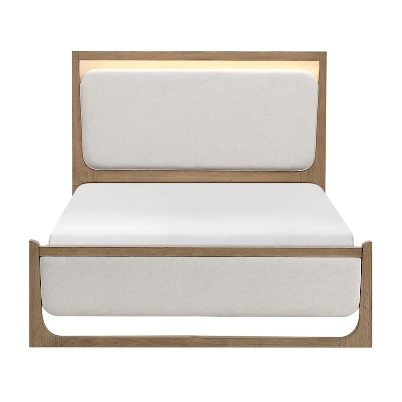 Light Brown Finish Contemporary Design Bed with LED Upholstered Headboard Footboard