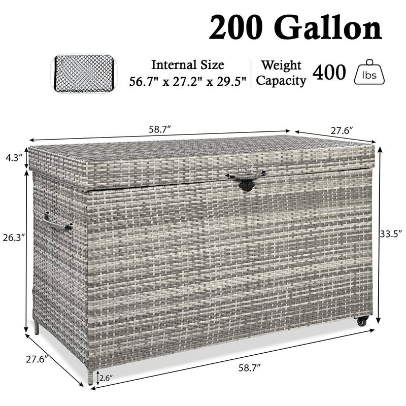 200 Gallon Wicker Deck Box All-Weather Outdoor Storage Box with Wheels Lockable Lid and Water Resistant Storage Bag for Patio