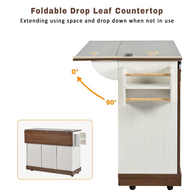 Anmytek Black Farmhouse Kitchen Island Cart with Drop Leaf and Outlets - Rolling Cart with Drawers and Spice Storage