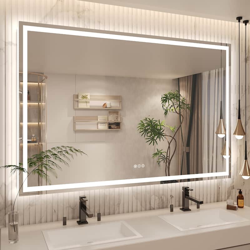 Frameless LED Front Light and Backlit 3 Colors Dimmable Anti-Fog Wall Bathroom Vanity Mirror - 60" x 40"-Square Corner