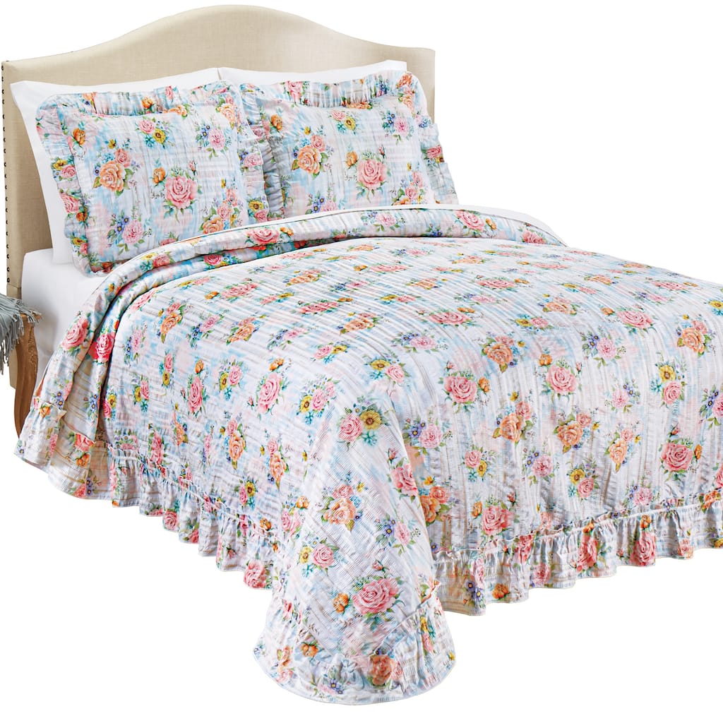 Juliana Watercolor Pastel Floral Plissé Bedspread