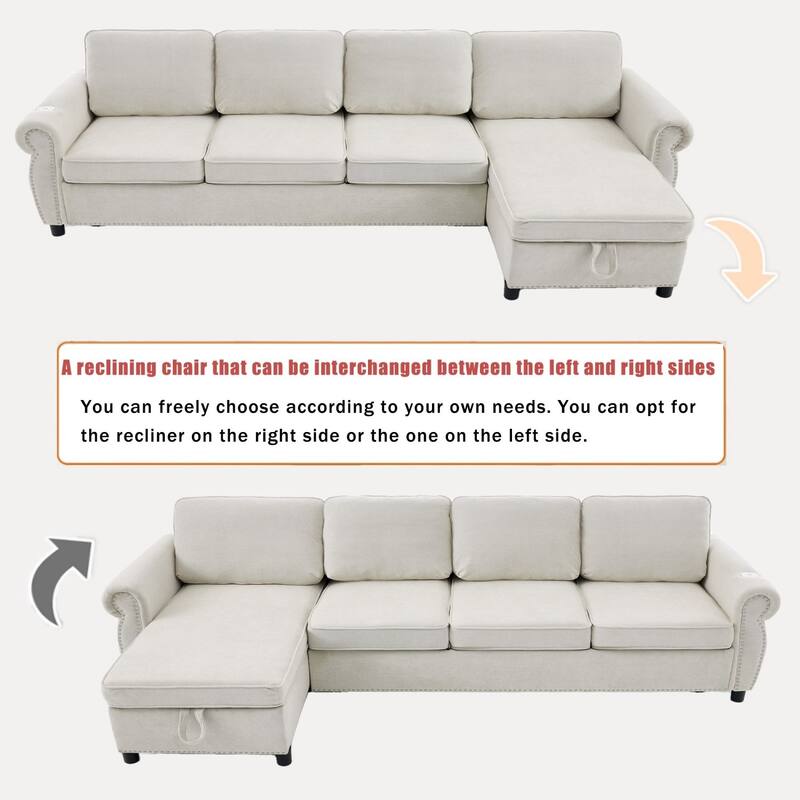 106.5" L-Shaped Flannelette Sectional Sofa with Pull-Out Bed