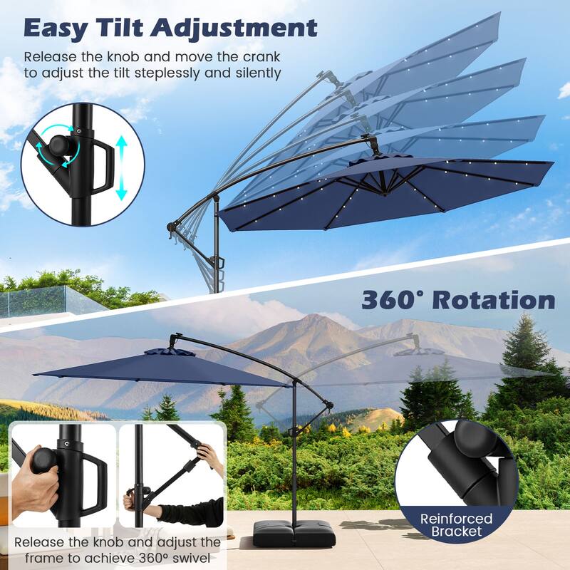 Gymax 10 FT Solar Offset Hanging Umbrella Patio Cantilever Umbrella w/