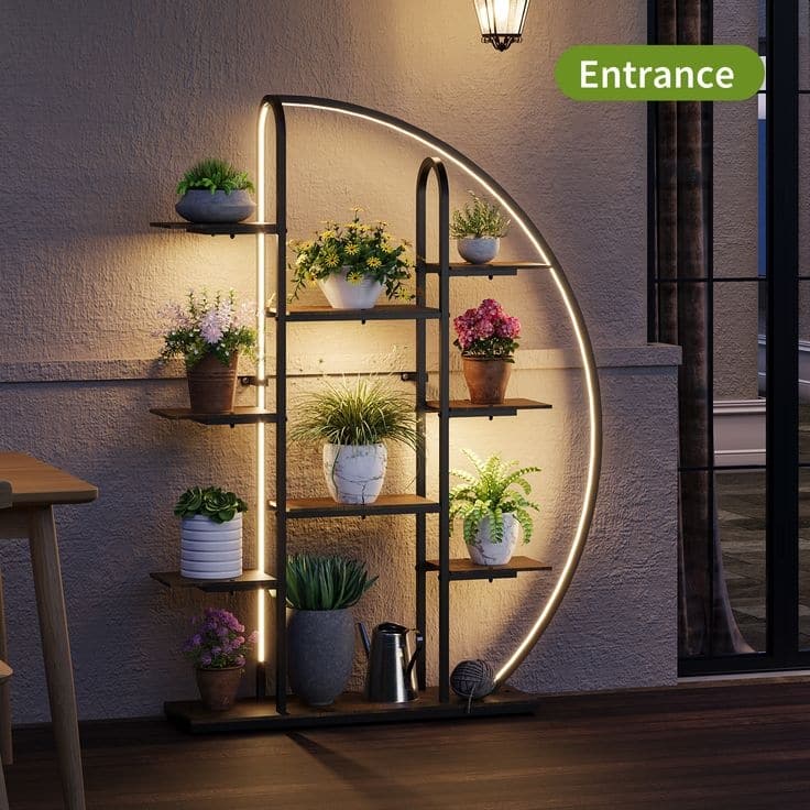 Plant Stand Indoor with LED Light, 61" Tall Metal Plant Shelf, 9 Tier Moon-Shaped Plant Rack for Living Room