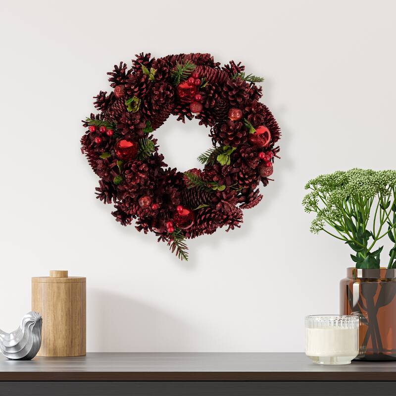 Red Pinecone, Berry and Ornament Christmas Wreath, 13.5-Inch, Unlit