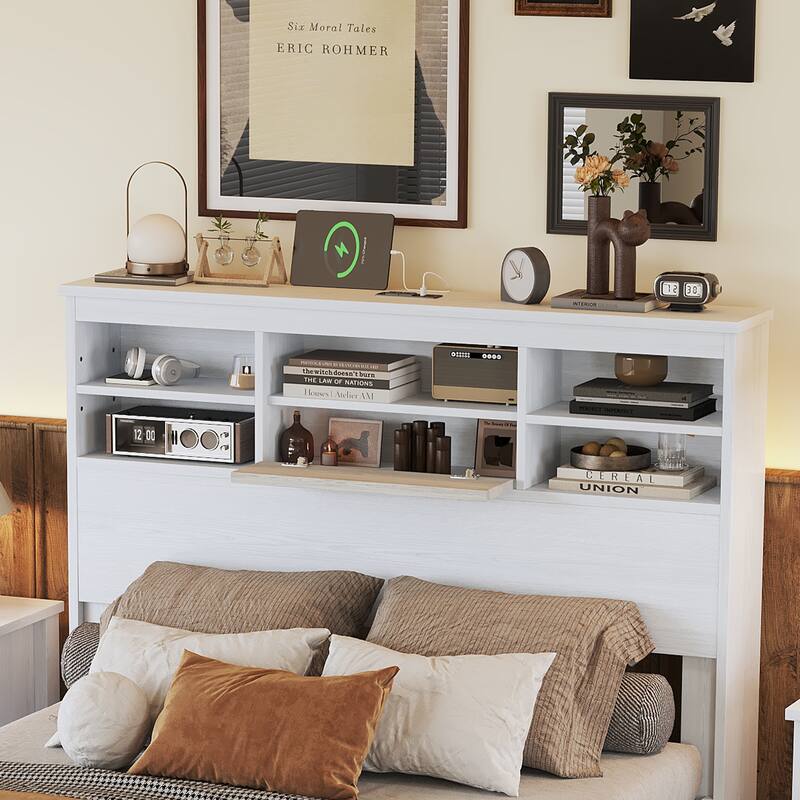 Wood Platform Bed Frame, 2 USB Ports & 2 Sockets on Storage Headboard Bookcase Bed, Panel Bed Bedroom