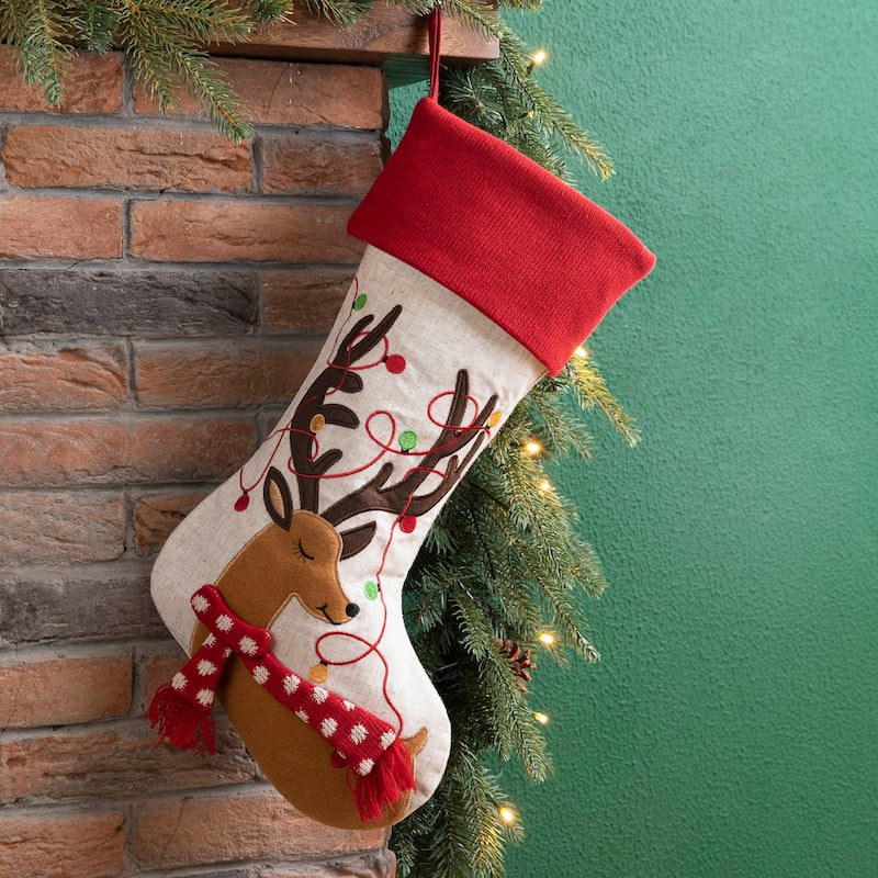 Glitzhome 21"L LED Embroidered Linen Reindeer Cat Dog Christmas Stockings