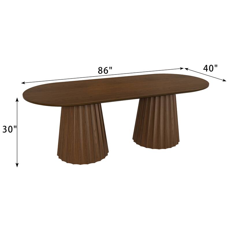 86" Modern Oval Dining Table Set with 8 Upholstered Chairs Textured Wood Top & Dual Pleated Pedestal Base