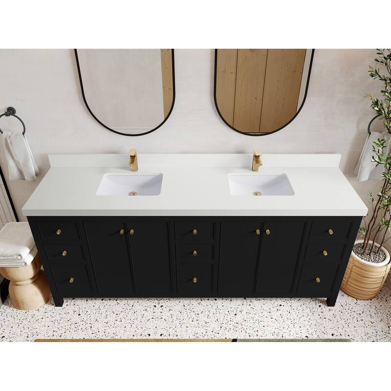 Willow Collections 84 in. W x 22 in. D Chicago Double Bowl Sink Bathroom Vanity with Countertop - 2"White Quartz - Black
