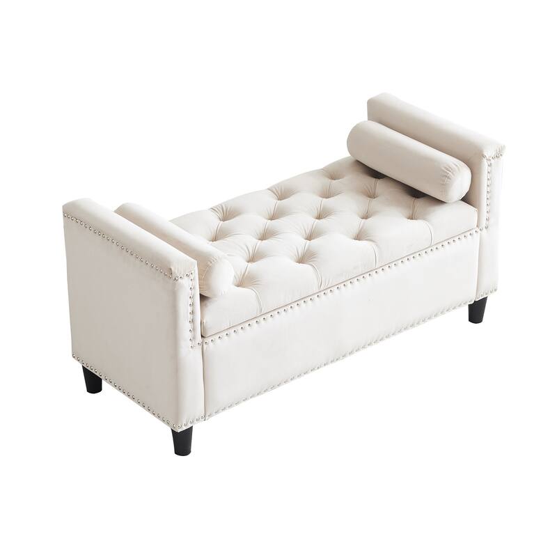 Storage Bench, Queen Velvet Button Bedside Bench, Entryway Living Room with Armrests, Nailhead Trim, Upholstered Bedroom Bench