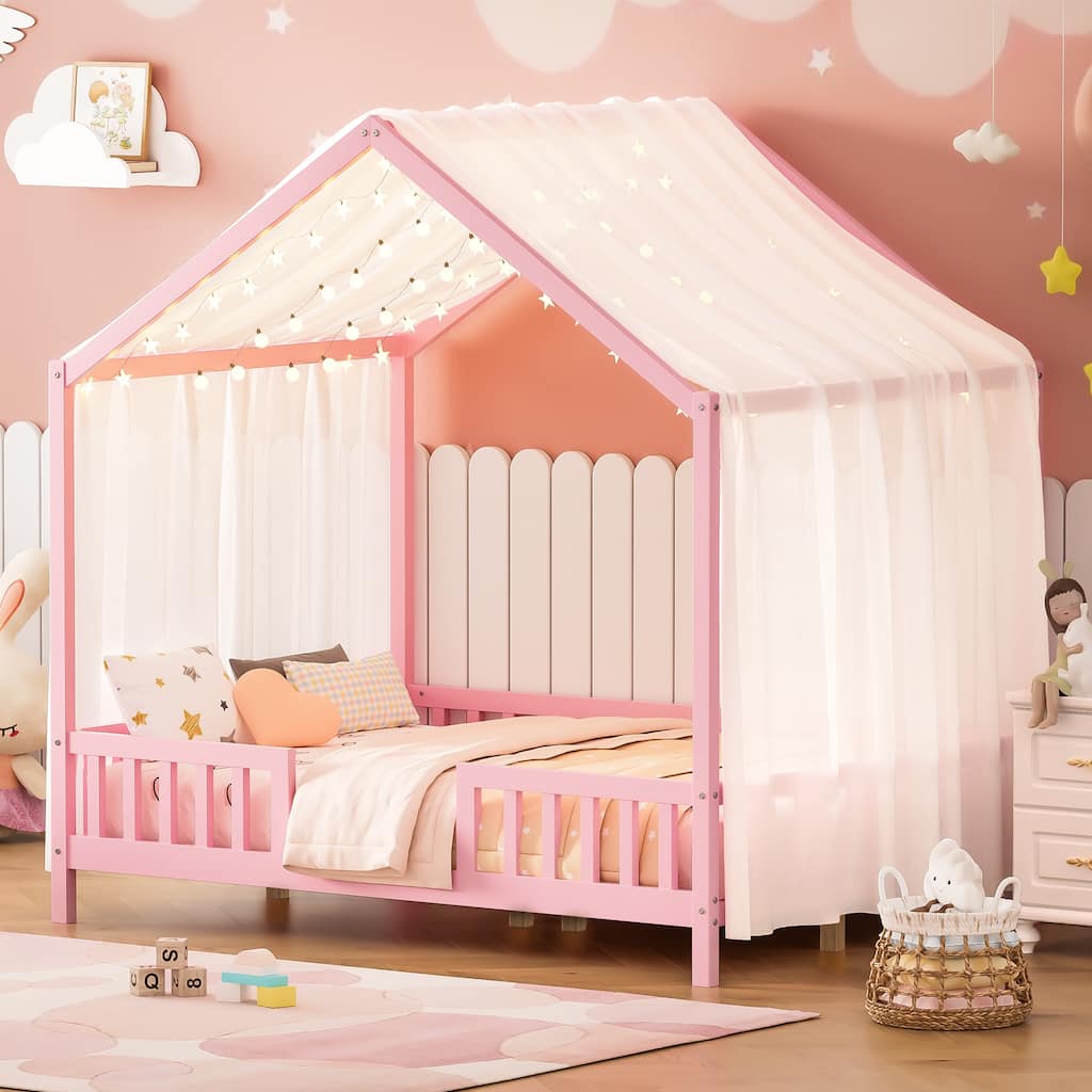 Full Size House-Shaped Kids Bed with Canopy and Safety Railings, Pink