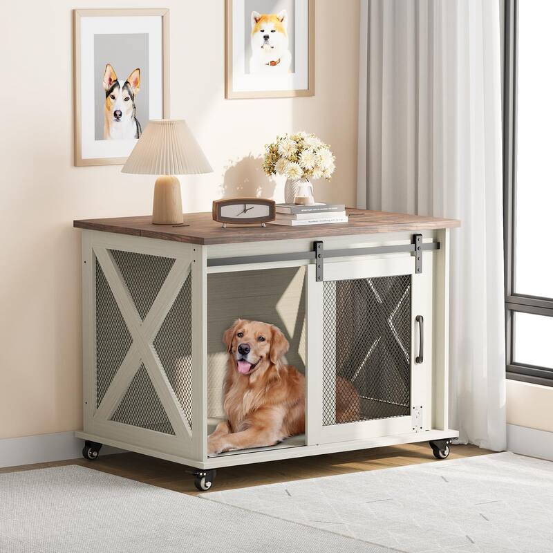 Furniture Dog Crate Table with Flip Top, Sliding Door, Divider - White