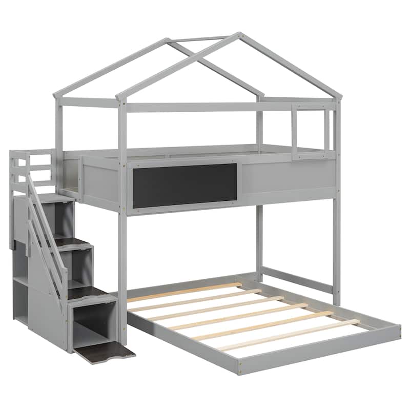 Twin Over Full Bunk Bed with Roof, Window, Storage Stairs, and Blackboard, Grey/White
