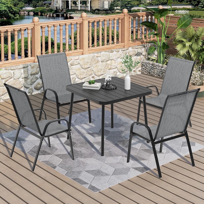 5-Piece Outdoor Dining Set with 4 Stackable Dining Chairs and Square Dining Table, Patio Conversation Set for 4 - 5 Piece