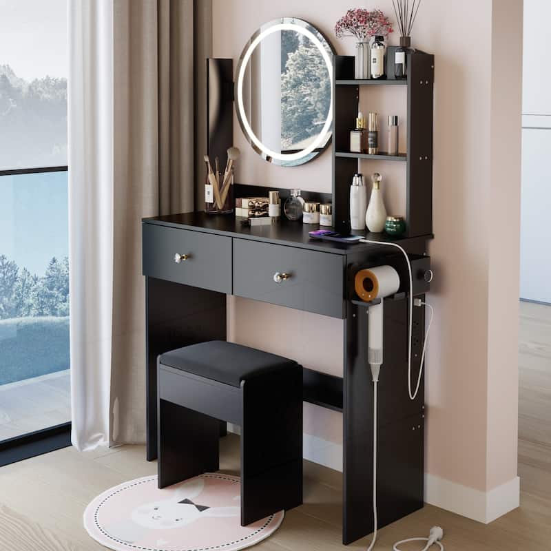 Versatile LED Mirror Vanity Table with Stool and Advanced Power Socket