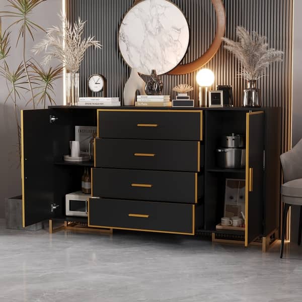 Black Buffet with Gold Trim: Sleek Design and Four Spacious Drawers, Plus  Side Cabinets for Ample Storage - Bed Bath & Beyond - 42656189
