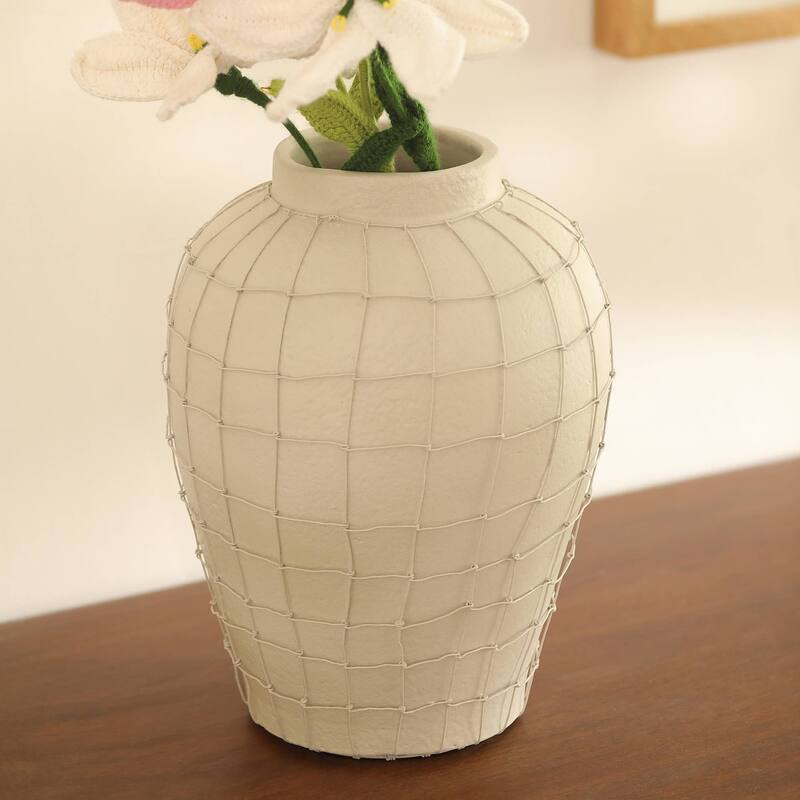 Handmade Off-White Terracotta Vase with Wireframe - 9.75x9.75x12 Inch Table Accent