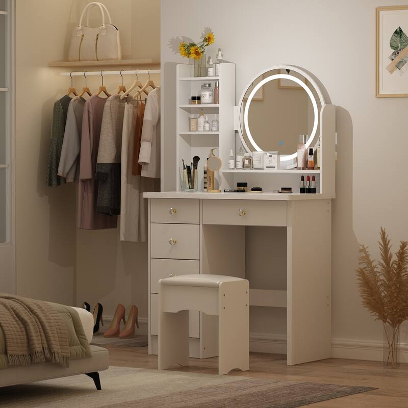 Timechee 31.5" Wide Makeup Vanity Set with Stool, Mirror,3 Color Light - 31.5"W - White