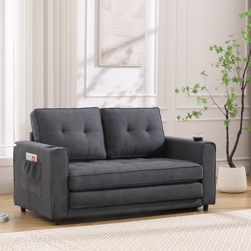 3-in-1 Upholstered Futon Sofa Convertible Sofa bed,Foldable Tufted Loveseat with Pull Out Sleeper Couch Bed - Dark Gray