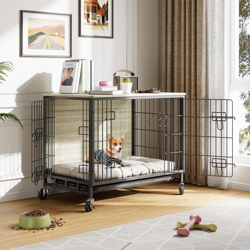 Dogs Kennel Crate Furniture with Removable Tray and Wheels