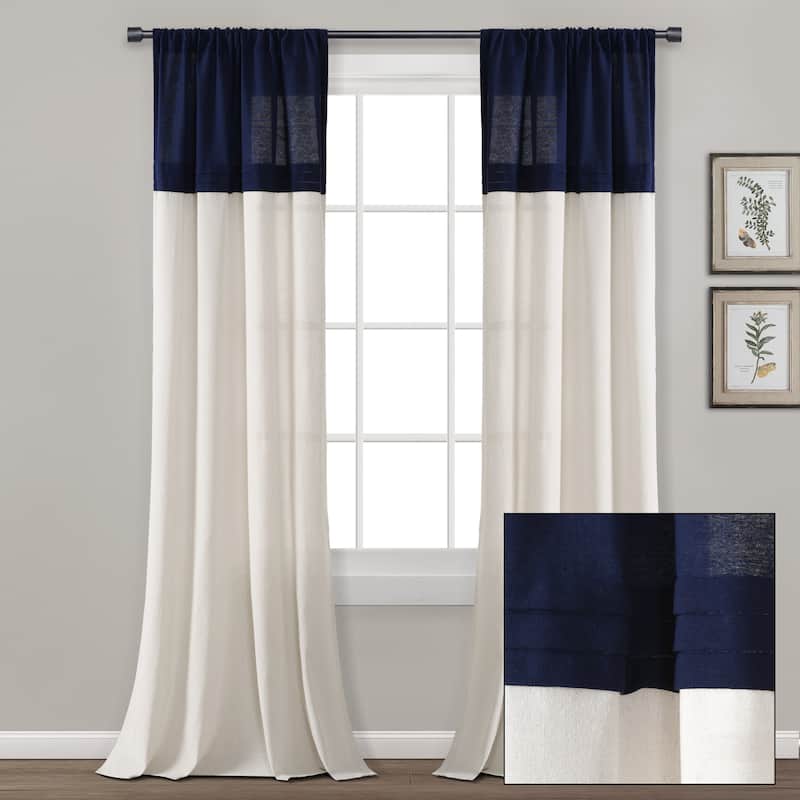Lush Decor Farmhouse Faux Linen Colorblock Pleated Window Curtain Panel Pair - 84" x 40"