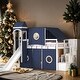 preview thumbnail 1 of 18, Playhouse Twin Size Bunk Bed with Slide Pink Tent and Tower, Blue Blue