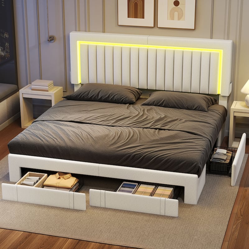 Velvet Upholstered Platform Bed Frame with Adjustable Headboard and 4 Storage Drawers & RGB LED Lights