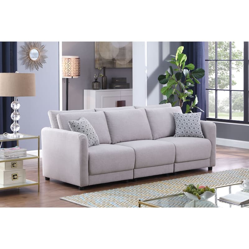 Linen Upholstered Sofa with 2 Pillows in Light Gray - Light Gray/Black