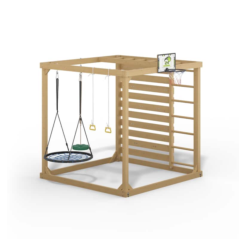 8-in-1 Cedar Wood Outdoor Playset for Backyard, Kids Swing Set with Climbing Wall, Monkey Bars, Basketball Hoop & Sand Box