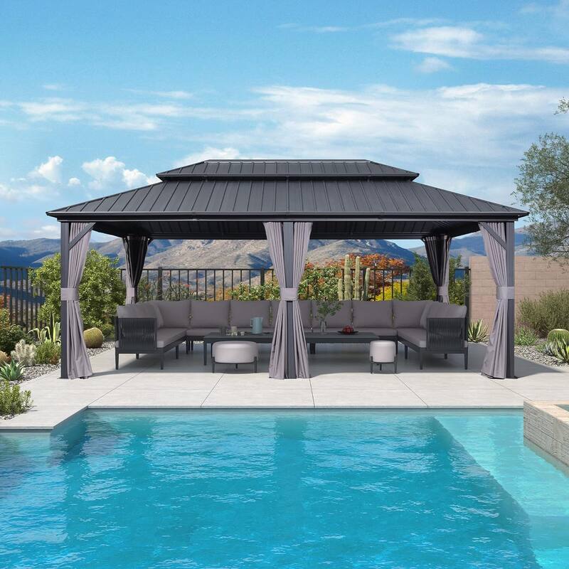 PURPLE LEAF Gazebo Outdoor Gazebo with Dual-Layer Galvanized Steel Double Roof Aluminum Gazebo with Netting and Curtains Grey