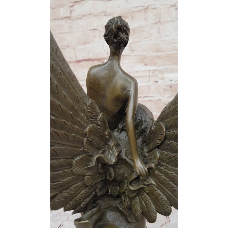Romantic Bronze Angel Sculpture – Embrace Of Two Winged Figures On Marble Base