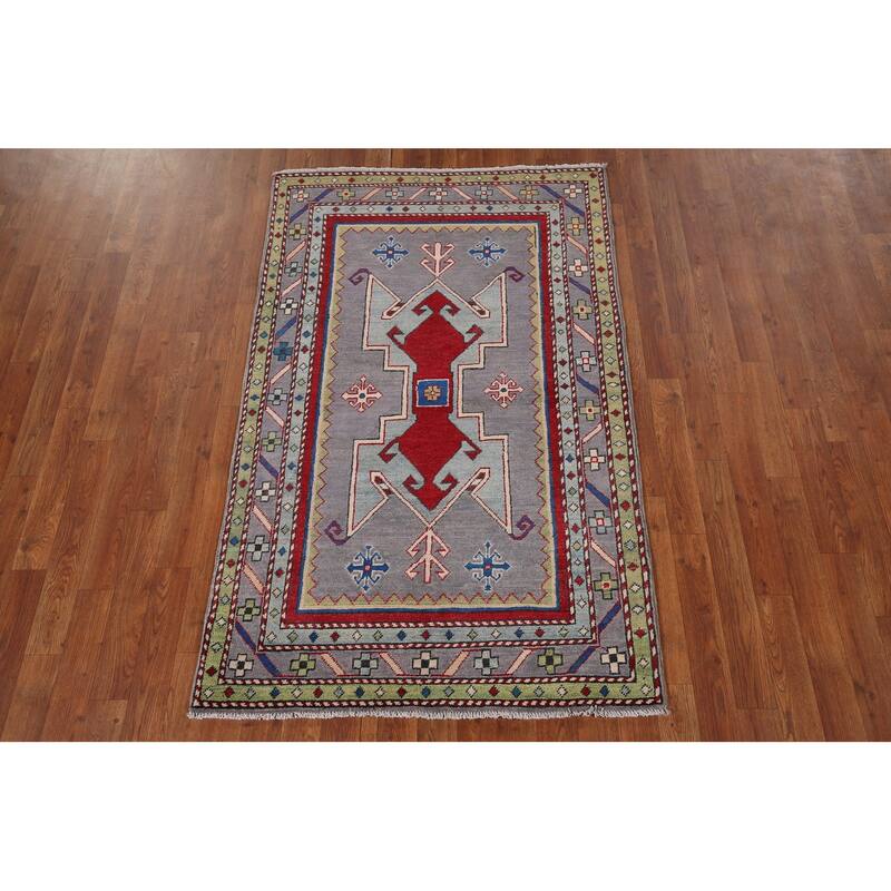 Gray Geometric Kazak Foyer Rug Handmade Oriental Wool Carpet - 3'4" x 5'5"