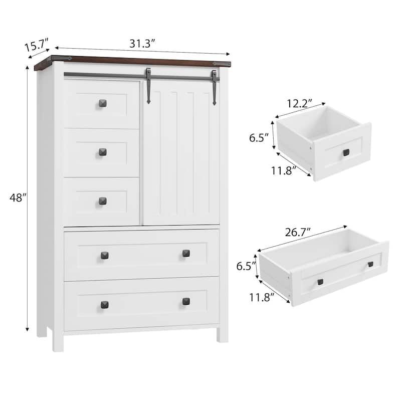 Farmhouse 5 Drawer Dresser for Bedroom, Wood Chest with Sliding Barn Door, Adjustable Shelf