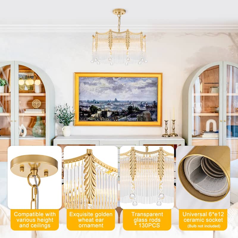 Gold Chandelier Clear Glass Rods & Hanging Crystal Balls Accents