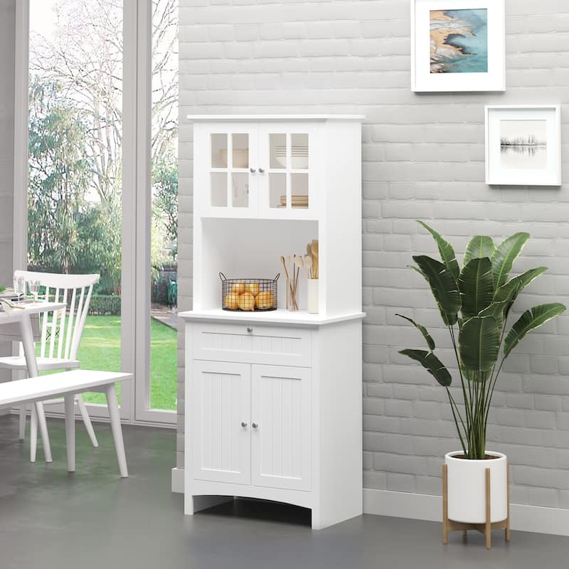 HOMCOM Kitchen Buffet Hutch Wooden Storage Cupboard with Framed Glass Door, Drawer and Microwave Space - 27"x15.75"x64.5" - White