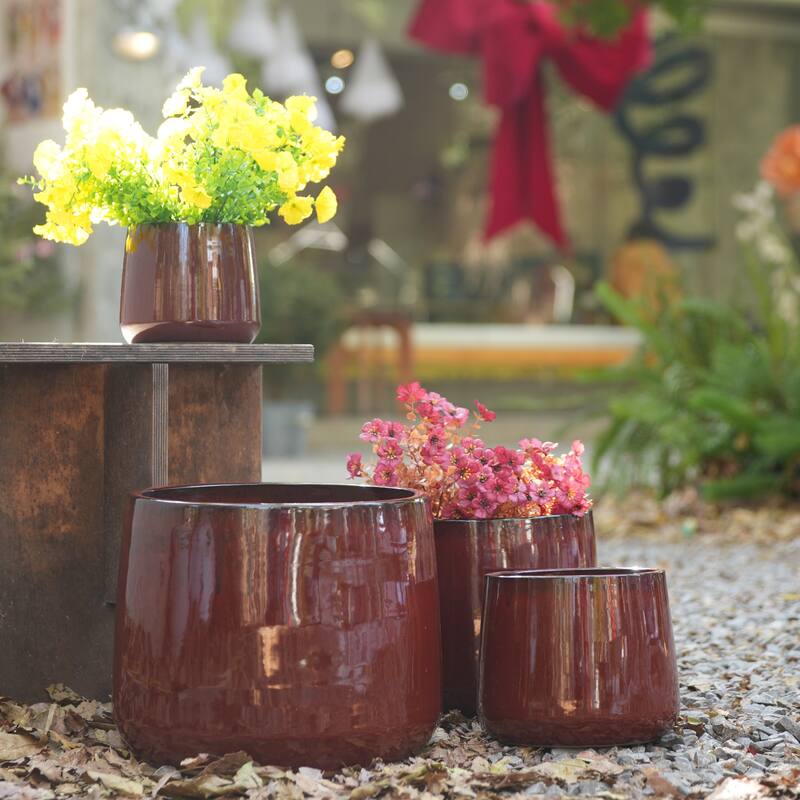 Handmade Ceramic Flower Pot Set of 4, 7/9/11/14 Inch Diameter, Deep Red Speckled Glaze for All Flowers, Indoor/Outdoor Use