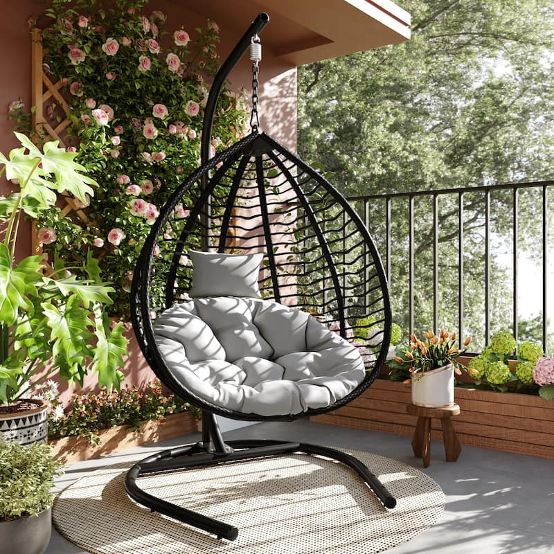 Hanging Hammock Chair with Stand, Foldable Rattan Egg Swing Chair with Iron Frame and Plush Cushion & Removable Headrest - Black+ Gray
