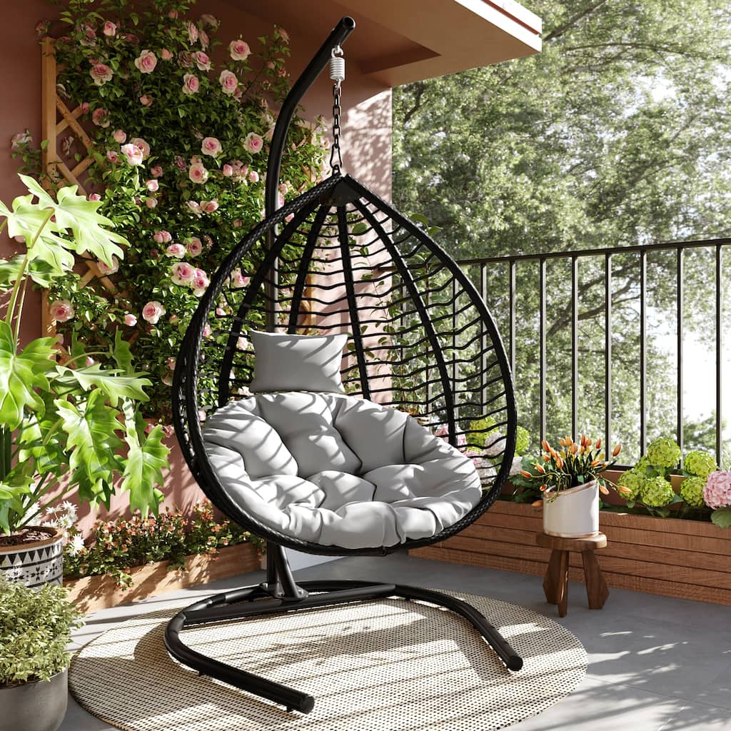 Hanging Hammock Chair with Stand, Foldable Rattan Egg Swing Chair with Iron Frame and Plush Cushion & Removable Headrest
