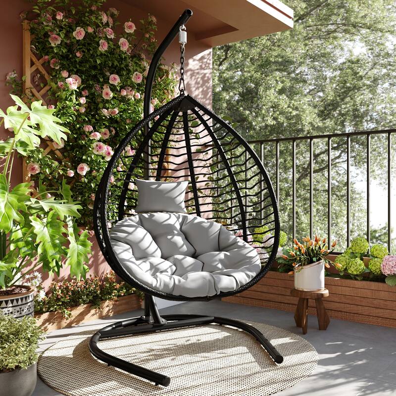 Hanging Hammock Chair with Stand, Rattan Design & Plush Cushion - Black+ Gray