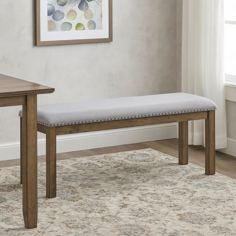Nailhead Trim Wooden Dining Bench with Fabric Upholstery, Brown and Gray