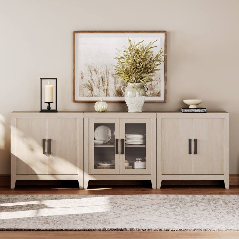 WAMPAT Farmhouse Buffet Cabinet with Glass Doors, 3-Piece Modular Sideboard with Adjustable Shelves