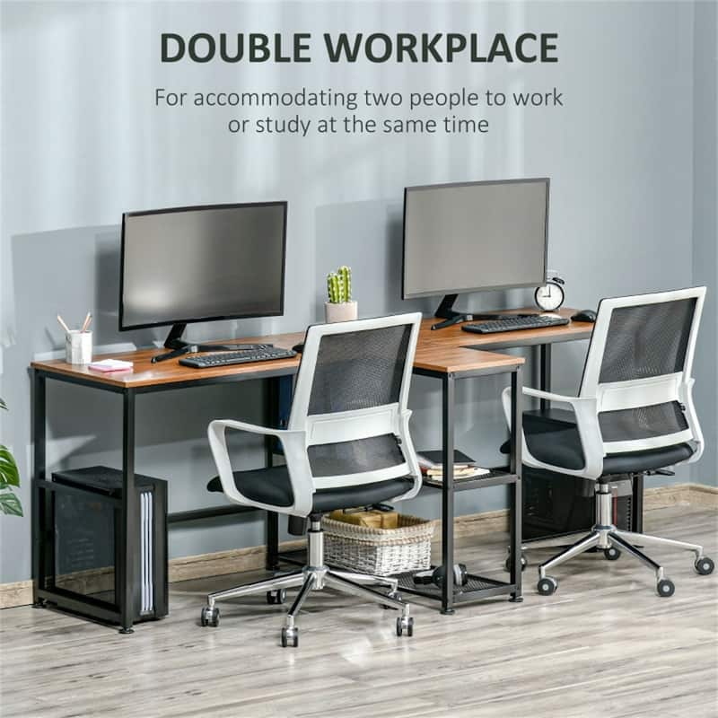 Double Workstation Desk with Storage Shelves Two Person Computer Table with Steel Frame for Home Office Study Room