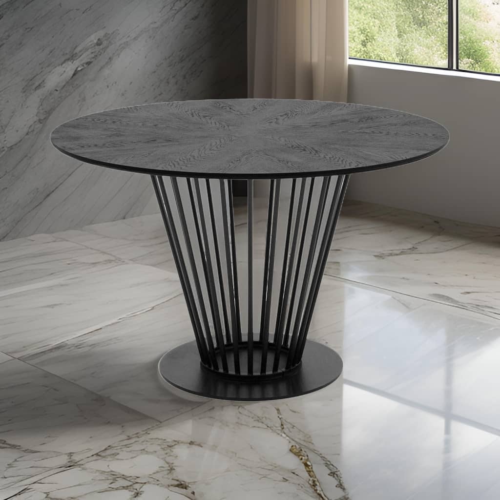 47 Inch Dining Table, Round Top, Modern Black Iron Metal Pedestal Base