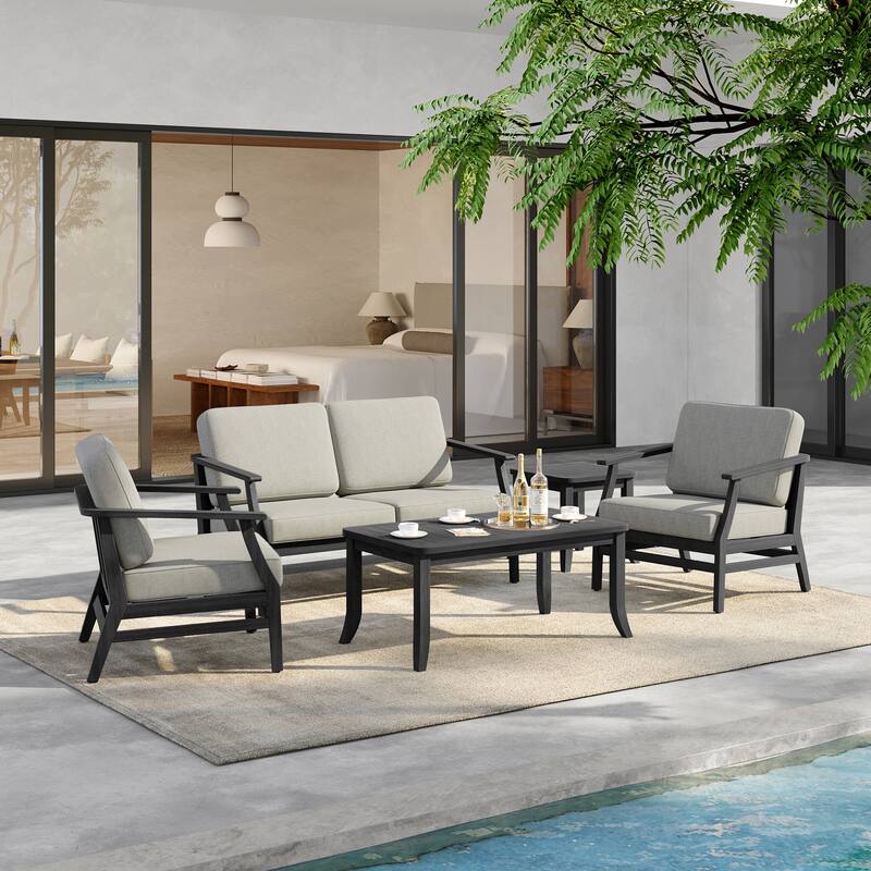 5-Piece Outdoor Teak Wood Patio Conversation Set with Cushions