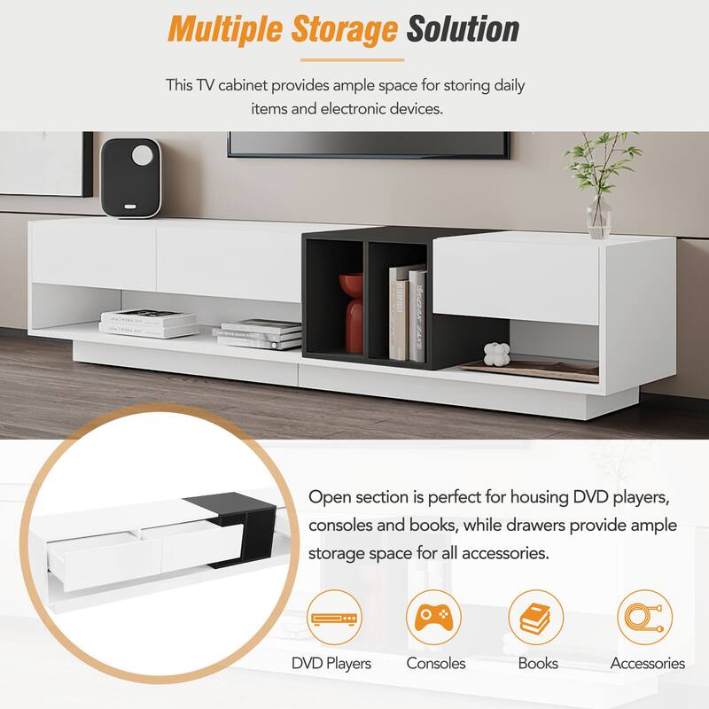 Modern Minimalist 2-Tone TV Stand, for TVs Up to 80" with 3 Drawers and Versatile Compartment, for Living Room, White