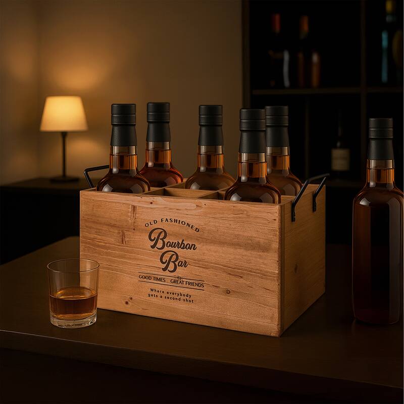 American Art Decor The Bourbon Bar Wood Crate Bottle Holder with Metal Handles - 7" H x 14" L x 8" D