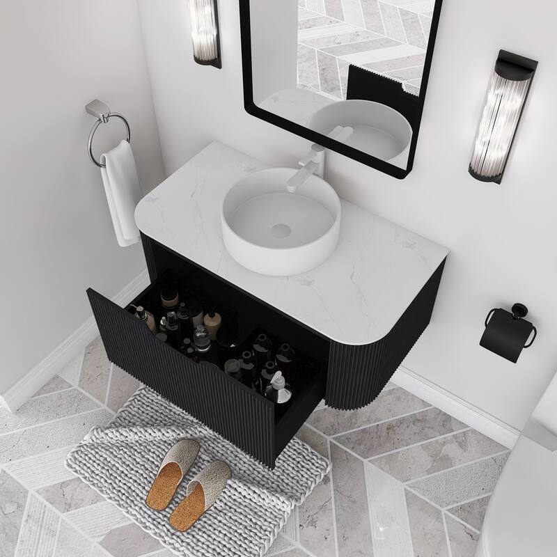 Plywood Wall-Mounted Bathroom Vanity Set with Integrated Ceramic Sink in Natural Wood