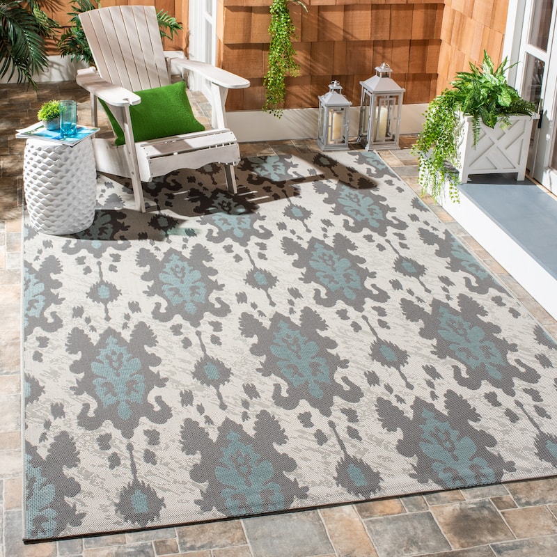 SAFAVIEH Courtyard Louann Indoor/ Outdoor Waterproof Patio Backyard Rug - 4' x 5'7" - Light Anthracite/Aqua Weft